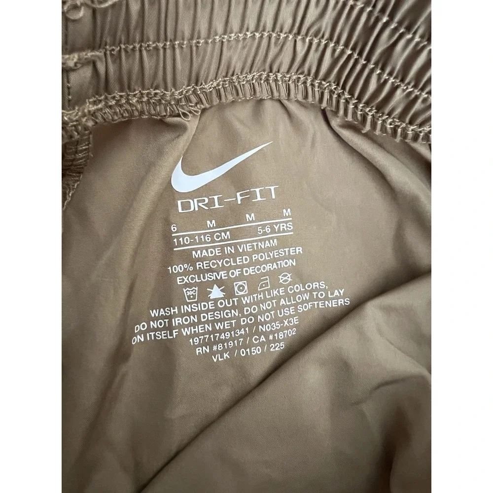 Nike Boys Size 6 Dri-FIT Parachute Khaki Swoosh Graphic Athletic Shorts Unlined